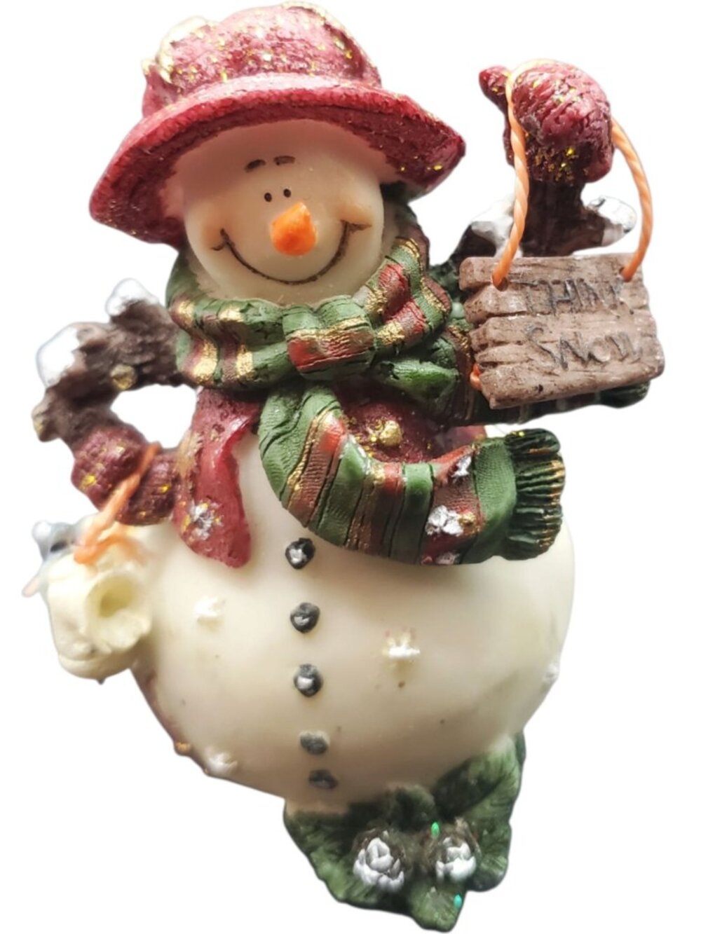 Vintage Snowman Figurine W/ Red Hat Scarf & Holding skateboard "Think Snow" Sign